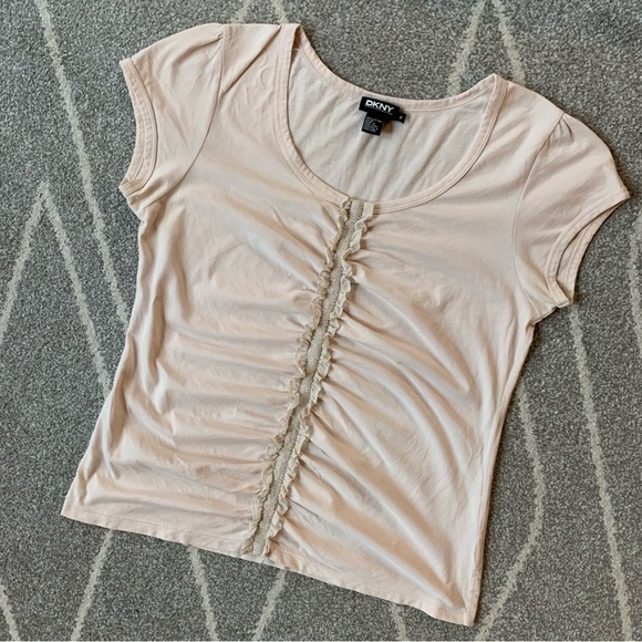 DKNY Nude Short Sleeve Ruffle Front T-shirt - Picture 1 of 5